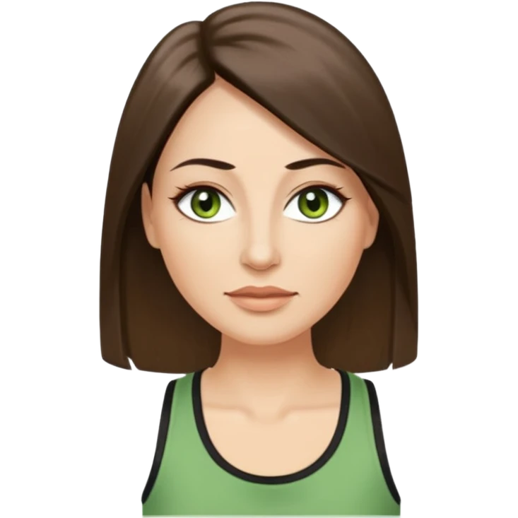 43 year old Adult woman avatar, light skin tone, long, oval face, long straight ashy brown hair, green almond-shaped eyes with dramatic eyelashes and minimal eyeliner, neutral mouth, medium straight eyebrows, average nose, smooth skin, high-neck tank top  emoji