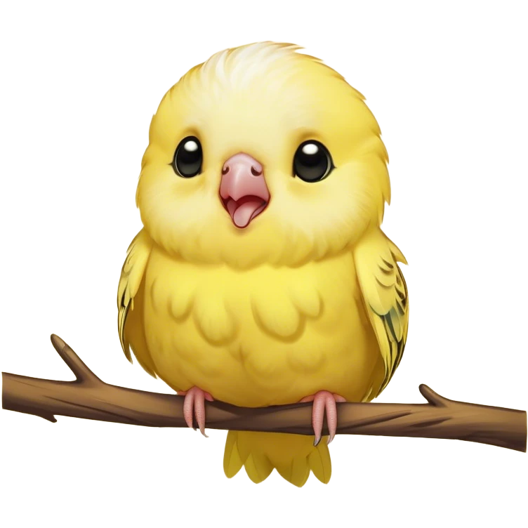 Cinematic Cute Yawning Yellow Budgie Portrait Emoji, Head tilted slightly with a dramatic, wide-open yawn, showcasing a soft, downy yellow feathered fur with gently drooping wings, round dark eyes barely open in drowsy contentment, Simplified yet irresistibly adorable features, highly detailed, glowing with a soft, cozy glow, high shine, relaxed yet expressive, stylized with a touch of whimsy, bright and endearing, soft glowing outline, capturing the essence of a sleepy yet affectionate budgie, so drowsy it feels like it could stretch out of the screen and curl up for a nap! emoji