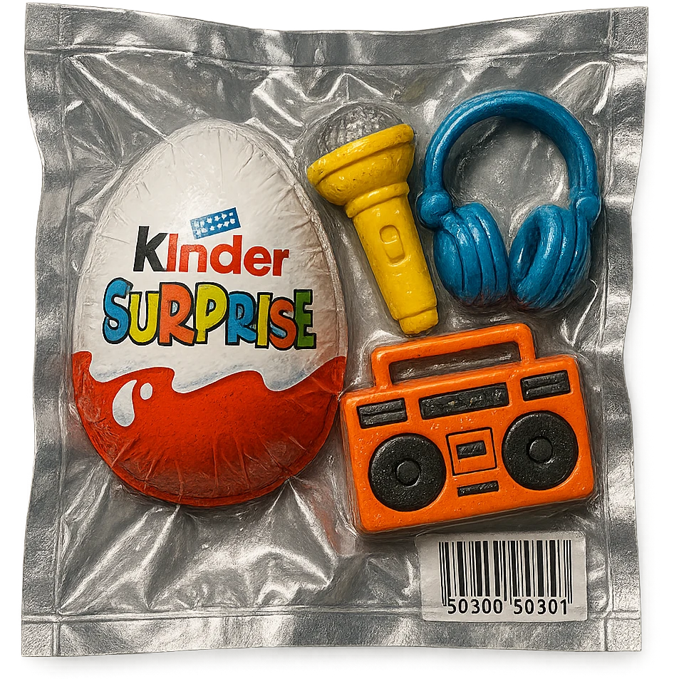 Kinder Surprise egg with standard wrapper next to toys: microphone, boombox, headphones, glossy vacuum-sealed style emoji