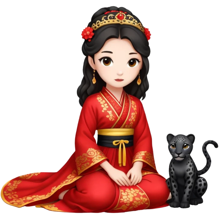 A beautiful girl in red Hanfu wedding dress sits on the ground holding a black leopard emoji