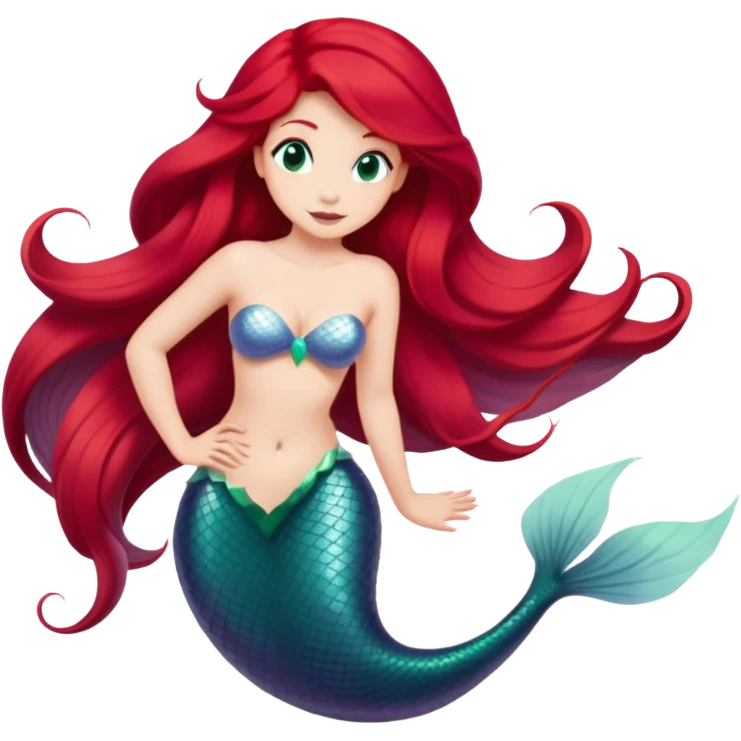 Ariel mermaid from hips up, green tail, red hair, minimal style, larger size emoji