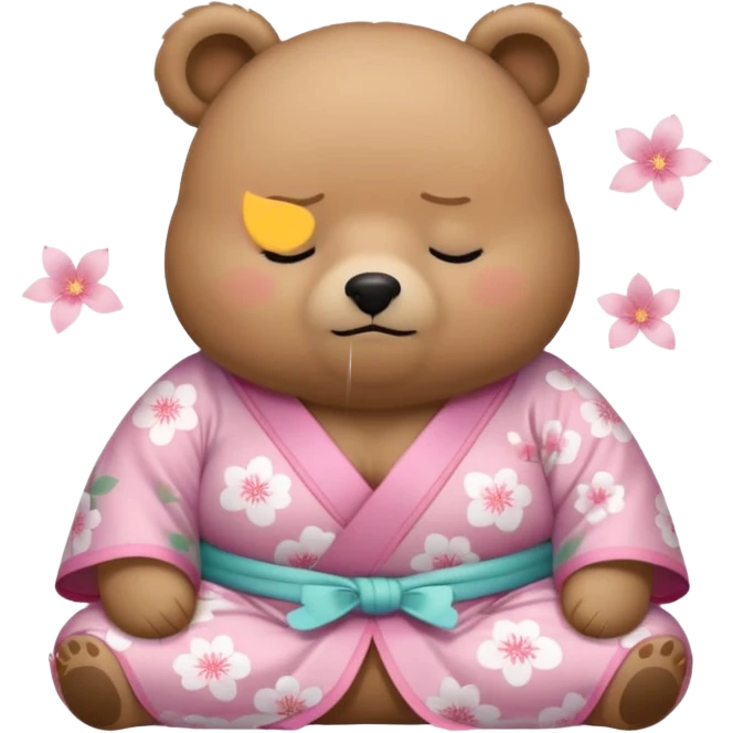 A cute chubby light-brown bear wearing a pastel pink sakura-patterned kimono, tiny body and round head, adorable simple face, sleepy half-closed eyes, small blush on cheeks, sitting while dozing off, tiny “zzz” floating above the head emoji