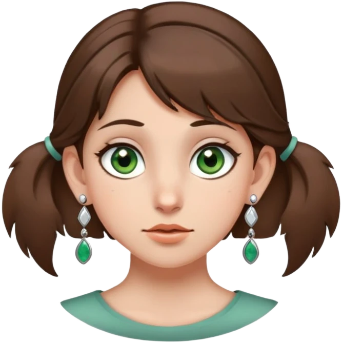 girl with gray-green eyes, brown hair, five earrings on one ear, two on the other, mole on cheek, expressive emotion emoji