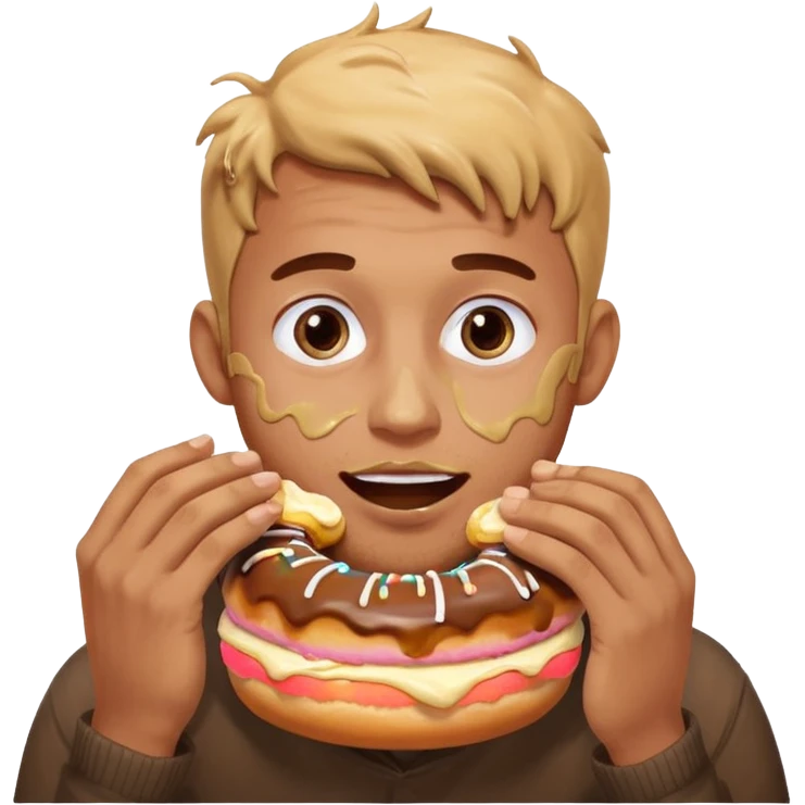 A man messily eating a filled donut, the donut is filled with Boston cream and it’s making a mess everywhere emoji