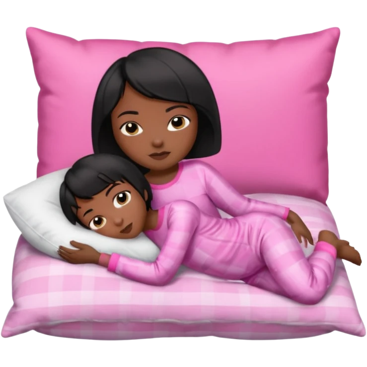Dark skin Black woman with short  black bob  hair, pink pajamas laying on pillow just me  emoji