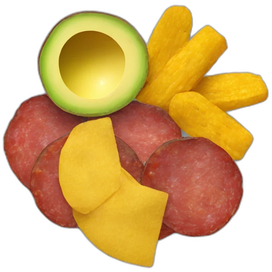 Dominican plate with tostones, avocado and fried salami emoji