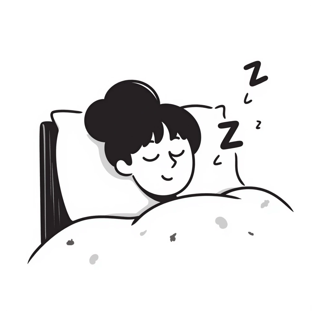 A person sleeping peacefully in bed with a soft smile, gentle z's floating above their head. Cozy, calm feeling with soft colors. Hand-drawn doodle style. emoji