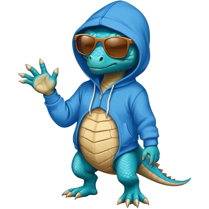 blue reptile with human like body, wearing a hoodie and sunglasses emoji