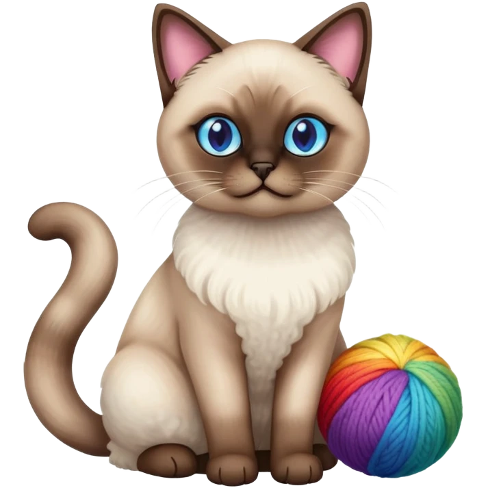 Siamese cat full body sitting with rainbow eyes and a wool ball emoji