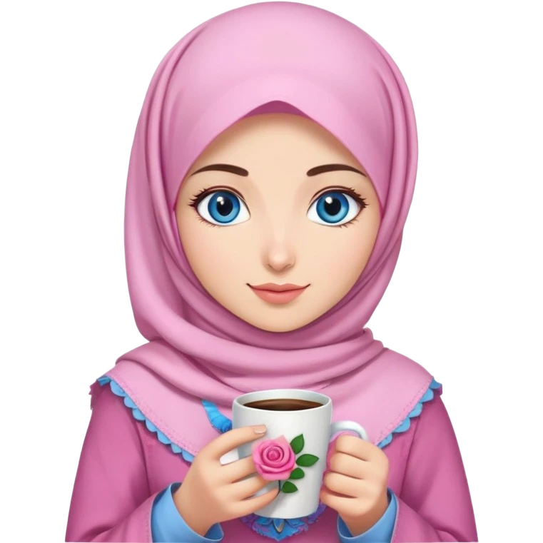 Turkish beautiful finish Konya girl blue eyes with pink and light purple denim hijab islamic dress and had on her hand Rose coffee   emoji