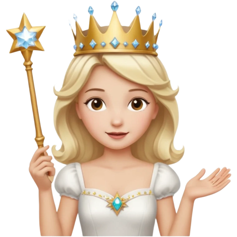 dorothy queen blonde hair, white dress with magic wand, rounded sparcle, and crown on head. emoji