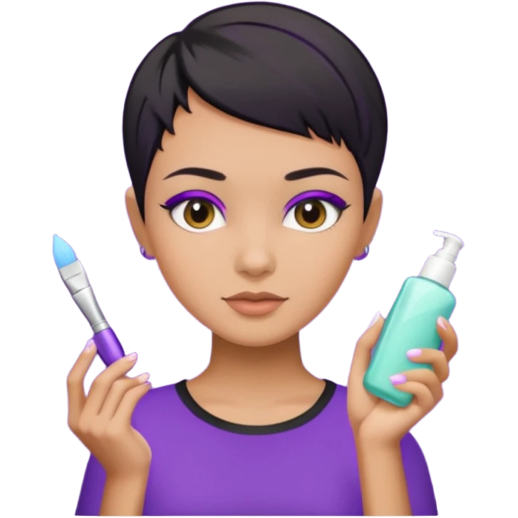 tan girl purple shirt with black hair & a pixie, doing her skin care emoji