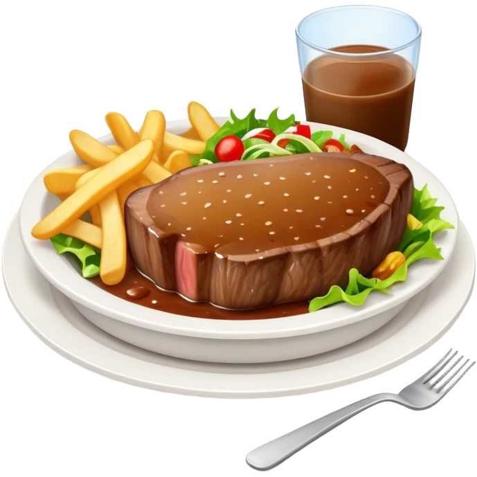 big juicy australian steak meal featuring chips, small salad in a ramikan and gravy  emoji
