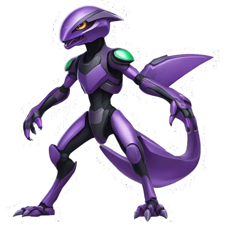 a shiny black-purple-green Genesect-Raptor-Fakémon—hybrid with a futuristic visor-helmet full body emoji