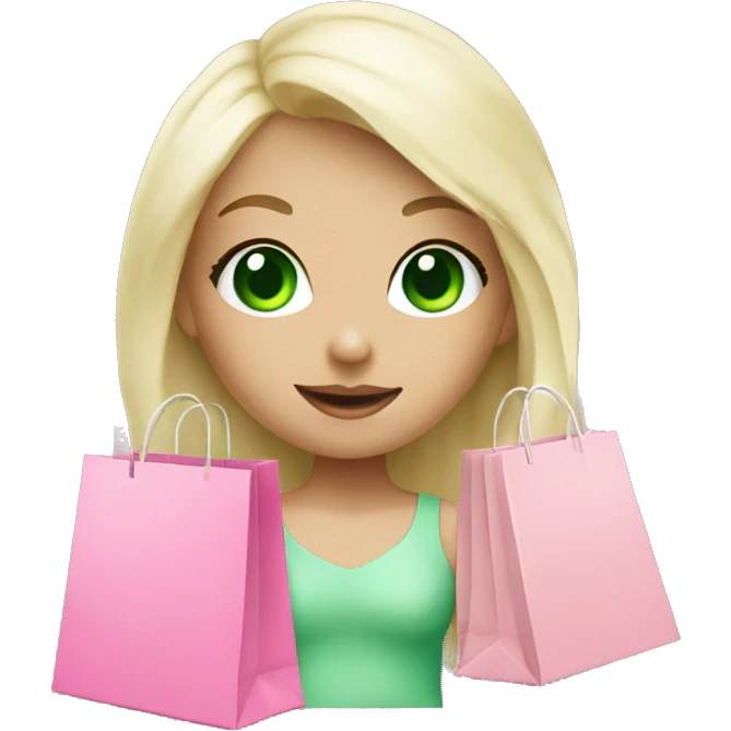 cute platinum blonde with green eyes surrounded by pink shopping bags emoji