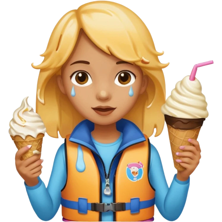 girl kid wearing lifejacket, holding ice cream emoji