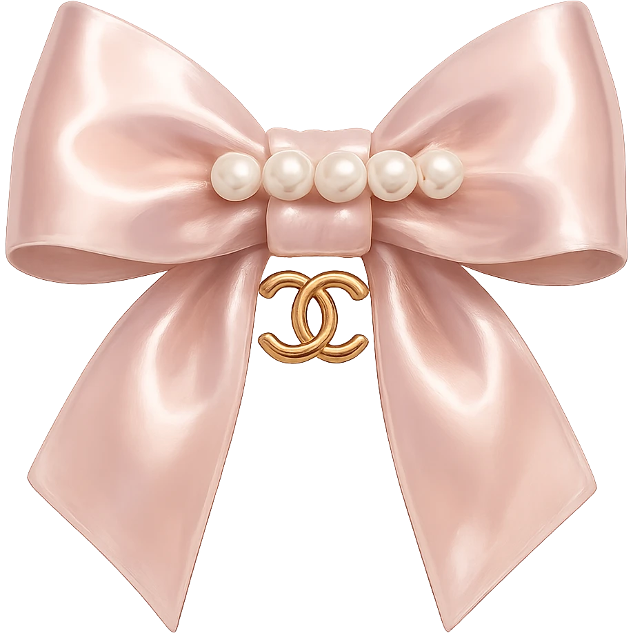 Remove the background, keep only the elegant bow with pearls and gold Chanel logo, glossy, pastel colors, realistic style, with no background. emoji