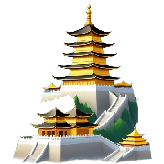 Mount Emei misty peaks with golden temple Sichuan, simplified emoji style with bold outlines and bright colors, cartoon style mountain with clouds emoji