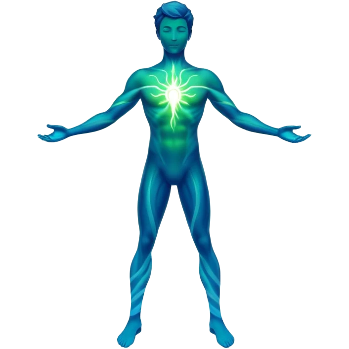 Masculine silhouette formed by radiating ethereal energy waves, abstract flowing aura in shape of man, minimalist emoji