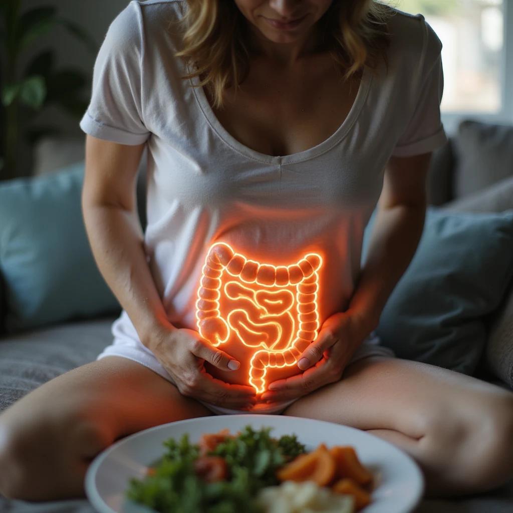 adult woman, photorealistic, intestinal pain, sitting with curved posture, hands on abdomen, healthy food plate, intestines highlighted with glow or transparency effect, natural light, kitchen background emoji