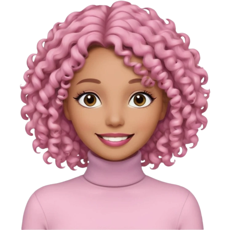 a woman with white long sleeve turtle neck top and smile, her hair is long curly and the color is black, her eyes color are black and the color of her lip is soft pink emoji