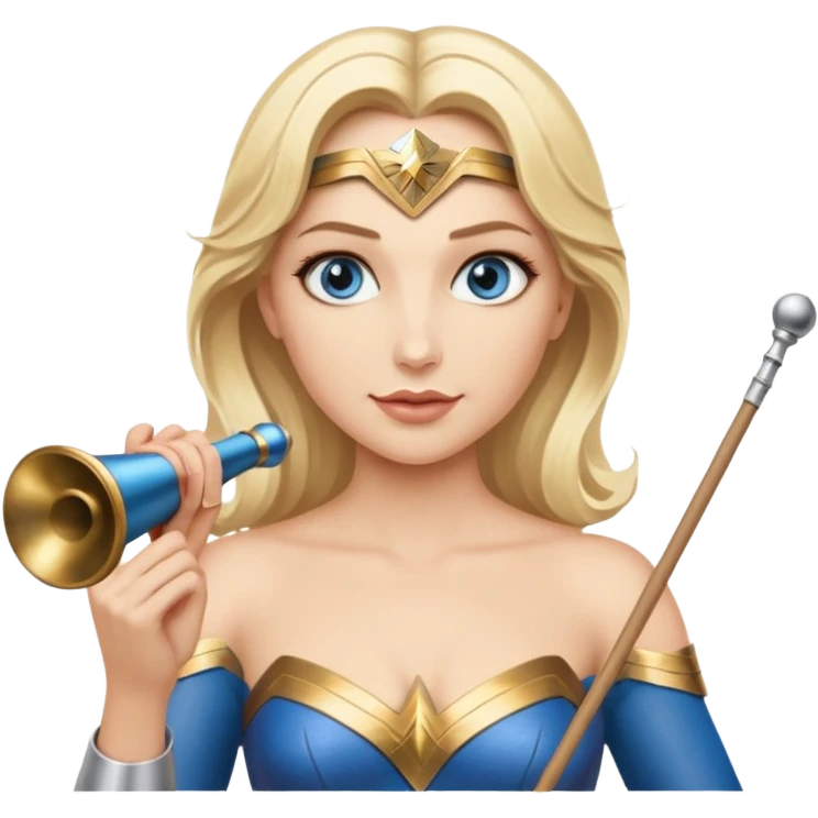 Blonde blue eyed Wonder Woman holding white orchestra conductor’s baton and bell emoji