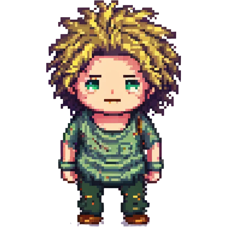 pixel art figure with wild, scruffy hair and a disheveled look, representing a bum emoji