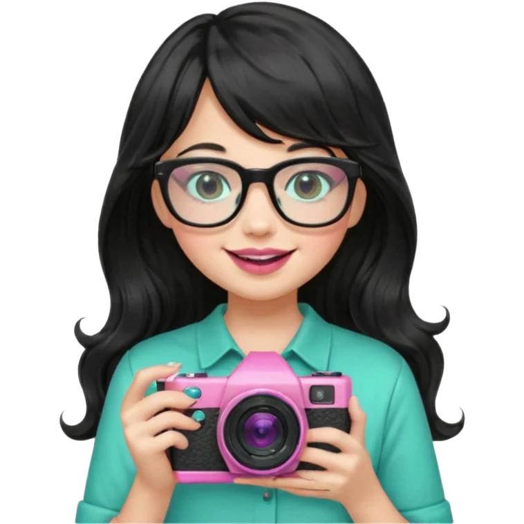 menina de cabelos pretos longos e ondulados, franjinha, óculos de grau preto, gloss rosa nos lábios, segurando uma câmera verde água, sorrindo sem mostrar os dentes, camisa verde musgo claro, emoji style emoji
