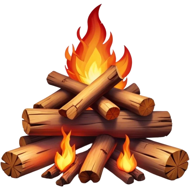 Cinematic Realistic Campfire, a roaring flame crackling atop carefully arranged logs, embers glowing deep red, golden light casting soft flickering shadows, gentle smoke drifting upwards, glowing with warmth and coziness. emoji