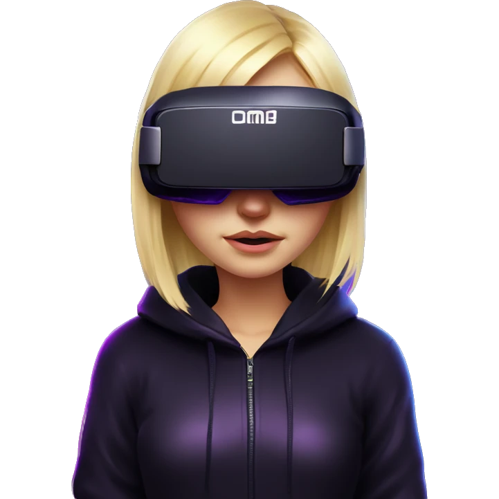Russian cute blond girl wearing black hoody with violet letters "OMG", in vr headset. Cyberpunk style. Violet neon. emoji
