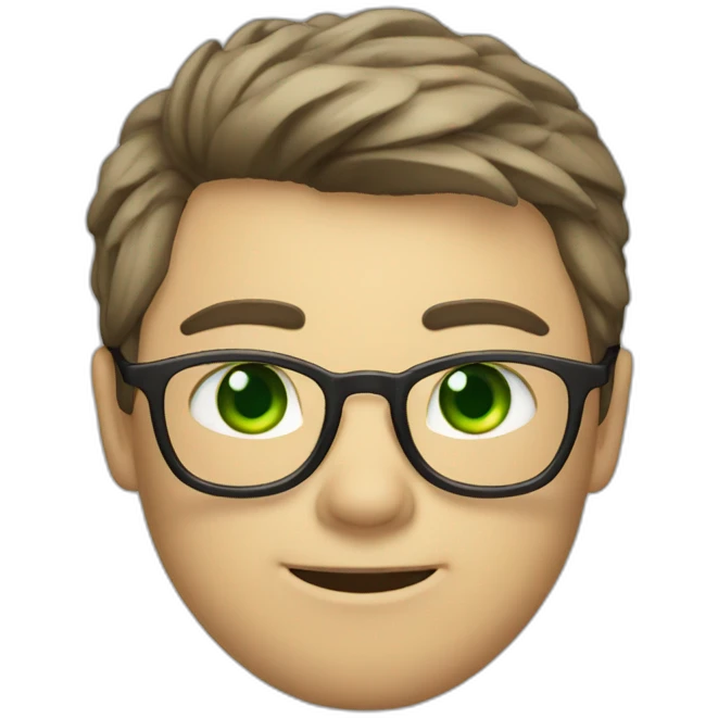 Chatty man, short hair, small thin glasses, green eyes, with dark sweet, geeky emoji