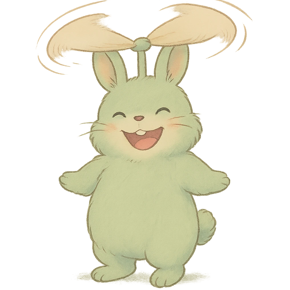 fluffy bunny fan, ears spinning as blades, cheerful face, pastel green, full-body emoji