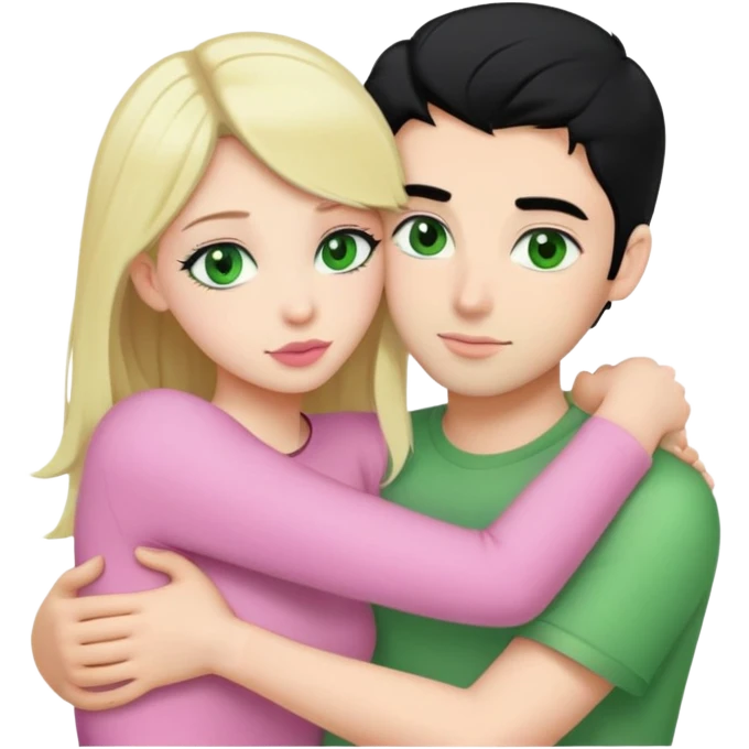 A blonde girl with fair skin and green eyes and light pink lips a guy with black hair and fair skin and green eyes are hugging  emoji