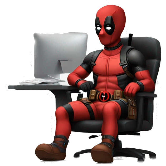 Cute Deadpool sitting at a desk, front view emoji