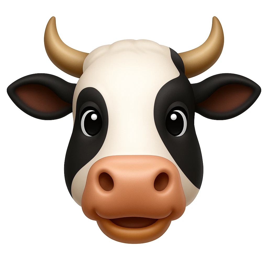 Create a cow face emoji that looks exactly like the reference image, in iOS emoji style. The emoji should have 3D appearance, shiny surface, smooth gradients, soft shadows, a friendly expression, black and white markings, and horns. Add a subtle highlight to the nose. emoji