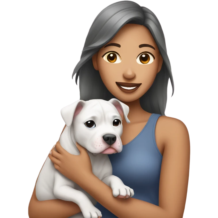 Pretty Filipino woman holding gray pit bull puppy emoji