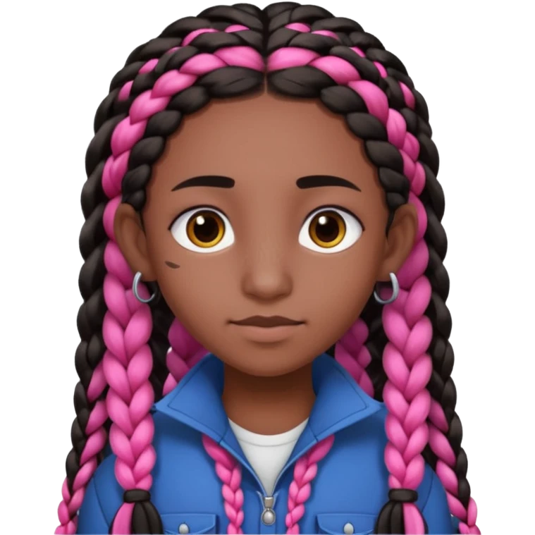 arikan, dark long hair whit pink 
and black braids. brown skin, smal round face and a big nose emoji