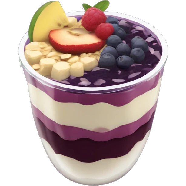 Açaí in a clear cup with layers of fruits and granola and condensed milk emoji