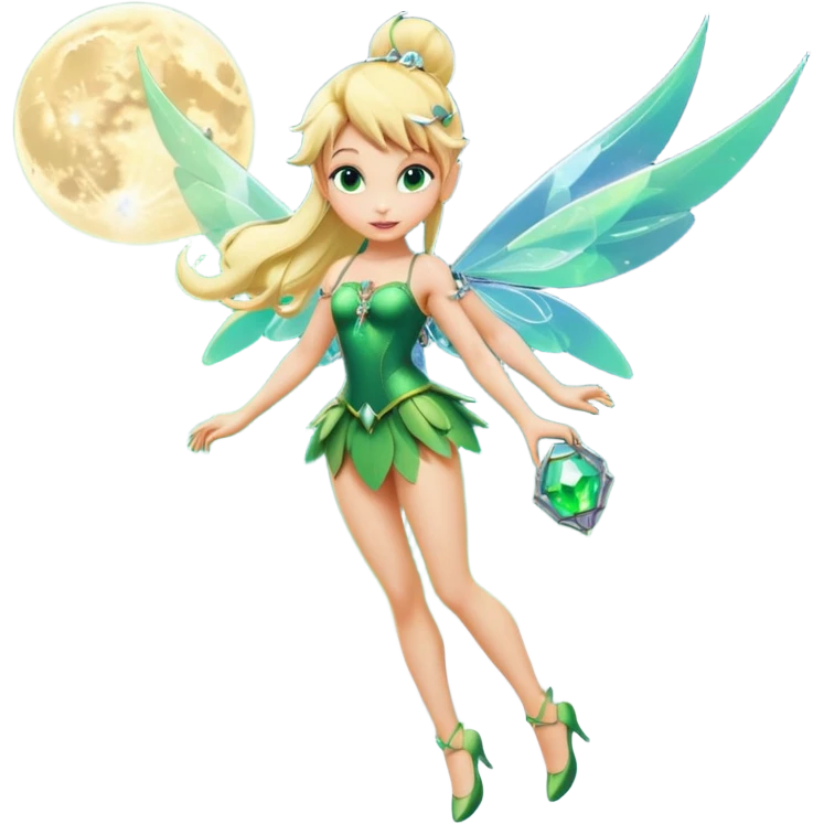 Isolated, 3D rendering, Tinkerbell with futuristic cyberpunk style and colors, ultra detailed wings, flying above the fluffy clouds near the moon, blonde long shiny hair,  emerald jewel green eyes, overall design to have bright, vivid colors, full body view. emoji