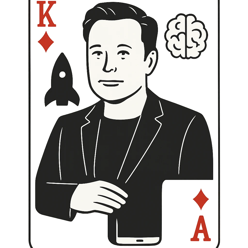 Elon Musk as a royal playing card figure, minimalist portrait with tech symbols emoji
