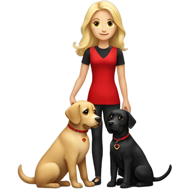 Blonde lady with long hair holding a black Labrador with a red collar  emoji