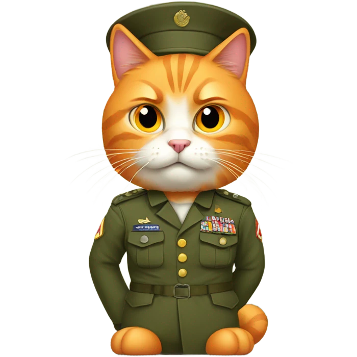 Angry orange cat in Army uniform, full body emoji
