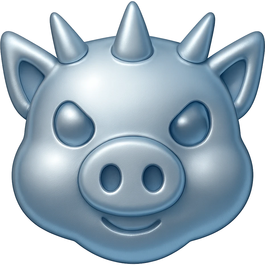 Make the pig mask much cuter with a completely metallic texture that is shiny and reflective. Keep the spikes but make them less menacing. Preserve the transparent background. emoji