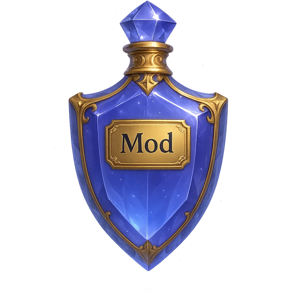 Premium class, extremely luxurious crystal elixir bottle in shield shape, color #7986cb, with inscription 'Mod', enhanced glow, edges, ornaments, golden details, subtle magical effects, unique shape accents, transparent background, beautiful seamless bottom, bottle clearly floating in air without base or shadow, very luxurious, modern, fits collection. emoji