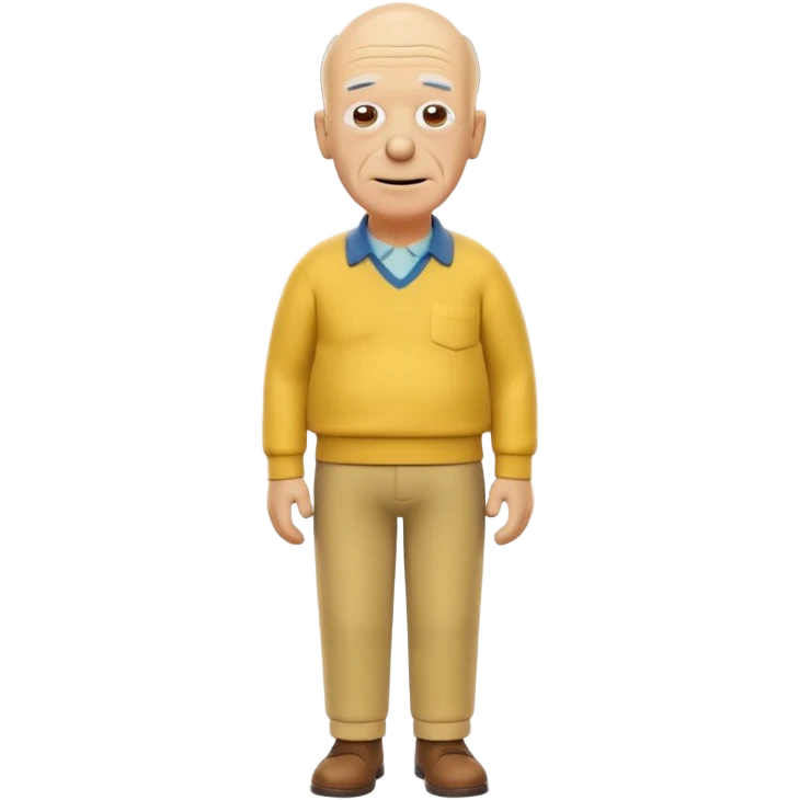 A 3D cartoon elderly man entirely yellow, styled like Grandpa Simpson, bald head with few hair strands, wrinkled face, yellow shirt and trousers, kind smile, cinematic Memoji-style render matching other Simpsons characters. emoji