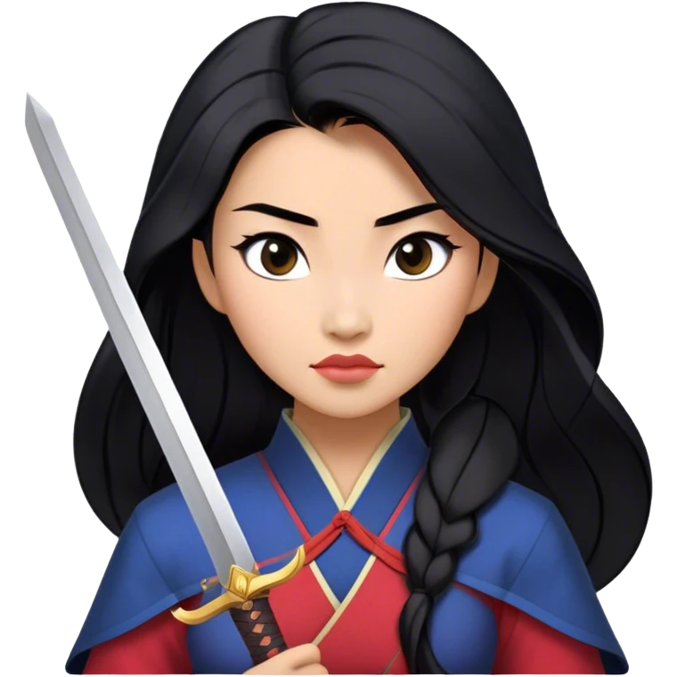 Cinematic Realistic Mulan Portrait, depicted with lifelike skin texture, soft natural lighting, and intricately detailed long black hair styled elegantly. Her deep, expressive eyes exude determination and grace, complemented by a serene yet confident expression. She stands with one hand resting on the hilt of her sword, the other by her side, exuding strength and poise. She is dressed in her classic attire, with rich fabric textures and delicate folds that catch the light beautifully. The portrait features a soft, enchanting glow with a natural, radiant finish, capturing the essence of timeless strength and beauty in a realistic and painterly style, evoking a sense of depth and authenticity. emoji