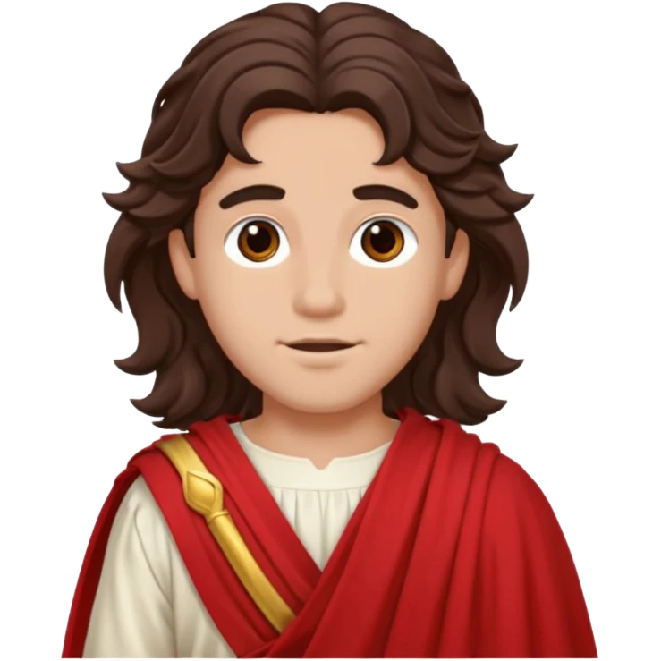 Adonis from The Olympians with long dark brown wavy hair, red toga emoji