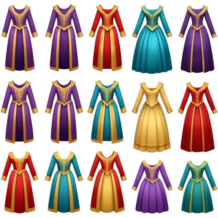create a series of images for Theatre costumes Inventory showing a variety of costume styles without a person emoji