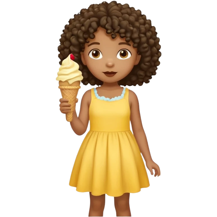 a little black girl kid with curly hair, yellow dress, eat ice cream emoji