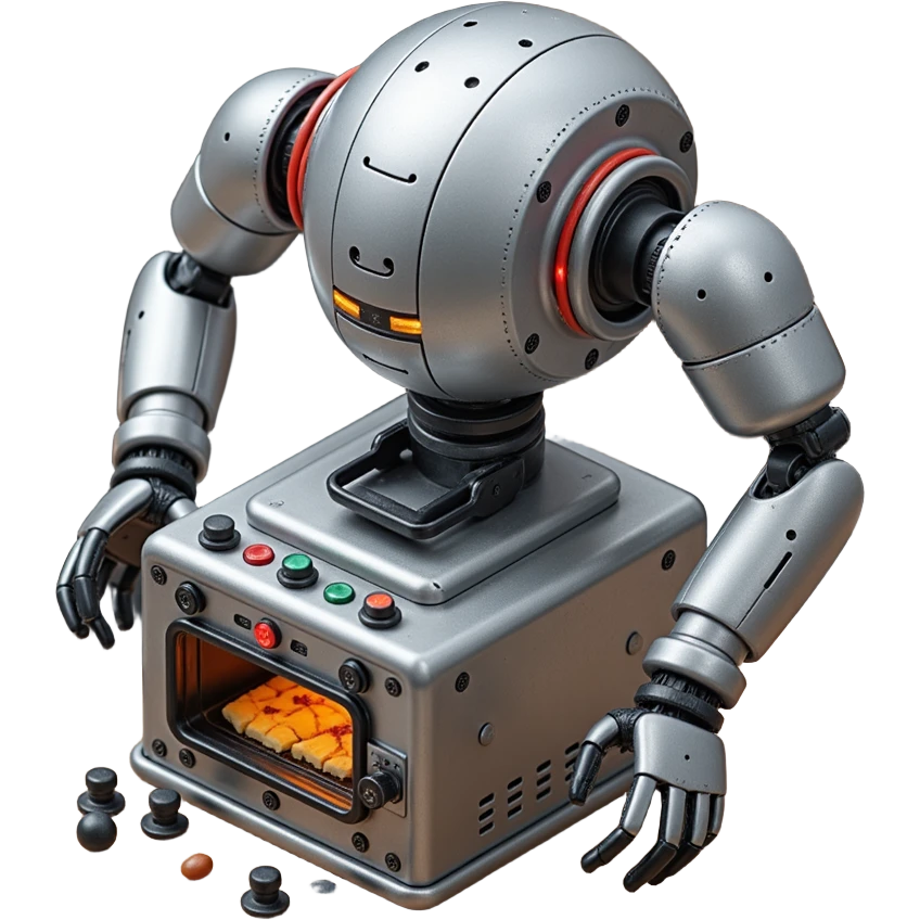 A robotic baker with stainless steel limbs, built-in mixers, and a retro-futuristic oven. The environment is industrial-chic: brushed metal surfaces, LED panels, and mechanical arms. UI mimics control panels with toggle switches, rivets, and analog dials. emoji
